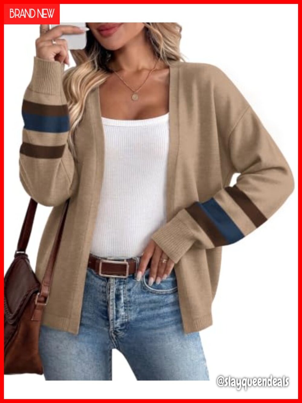 WIHOLL Open Front Knit Cardigan Sweater Balloon Sleeve Striped Cuffs